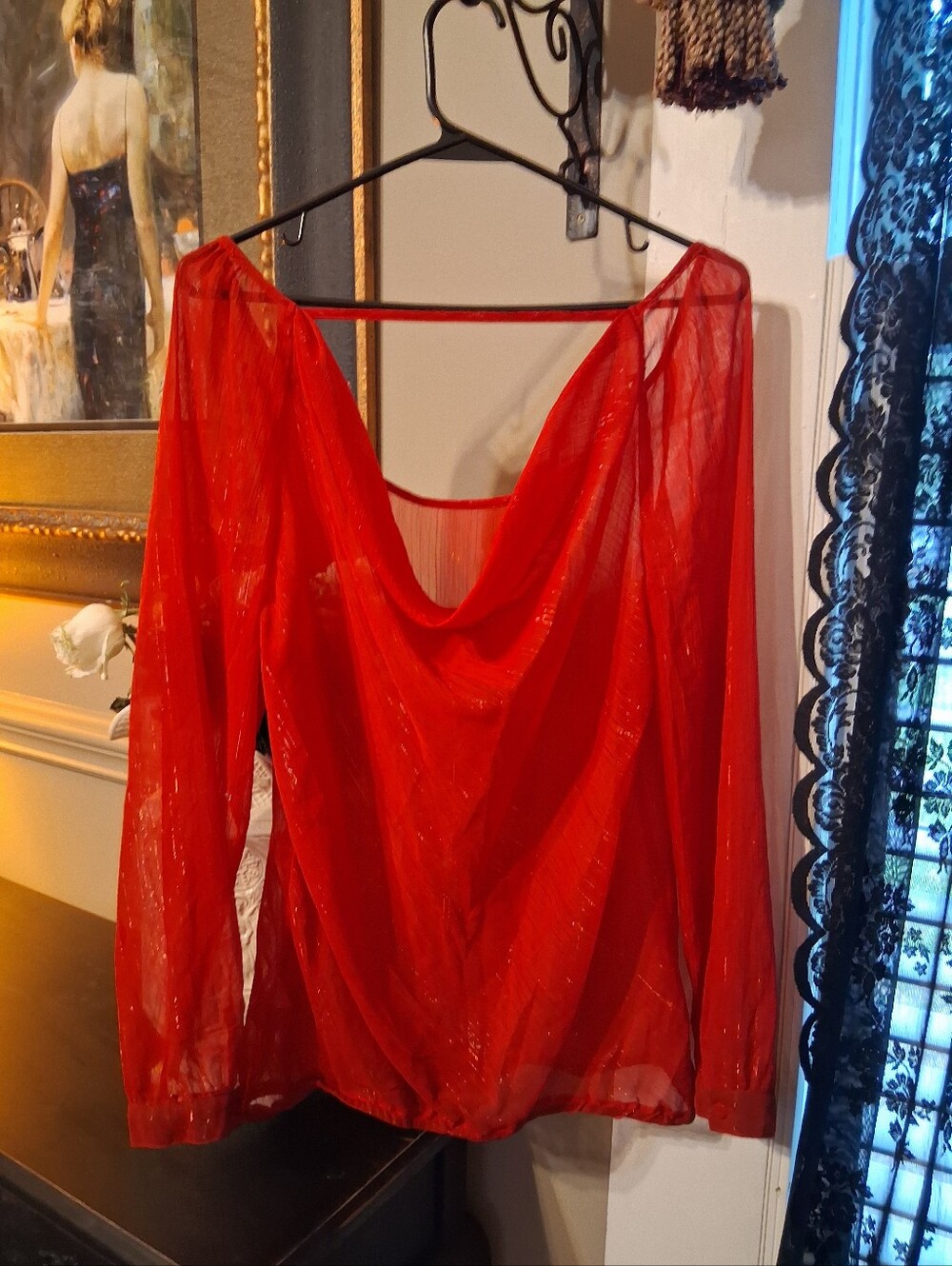 Studio Y Sheer Red Drape-Back Blouse